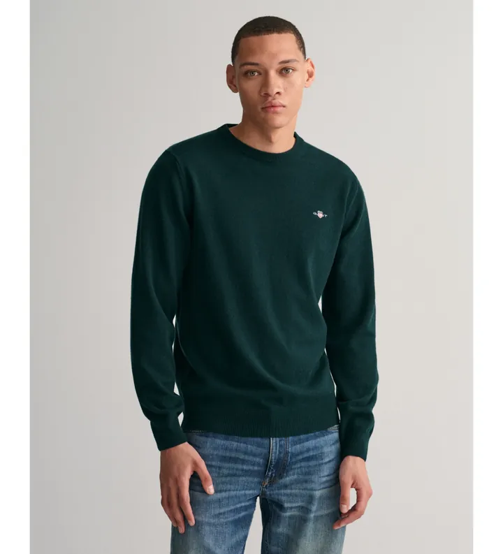 Gant para hombre. 87211 Jersey de cuello redondo en lana de oveja muy fina verde (3XL), Casual, Marino