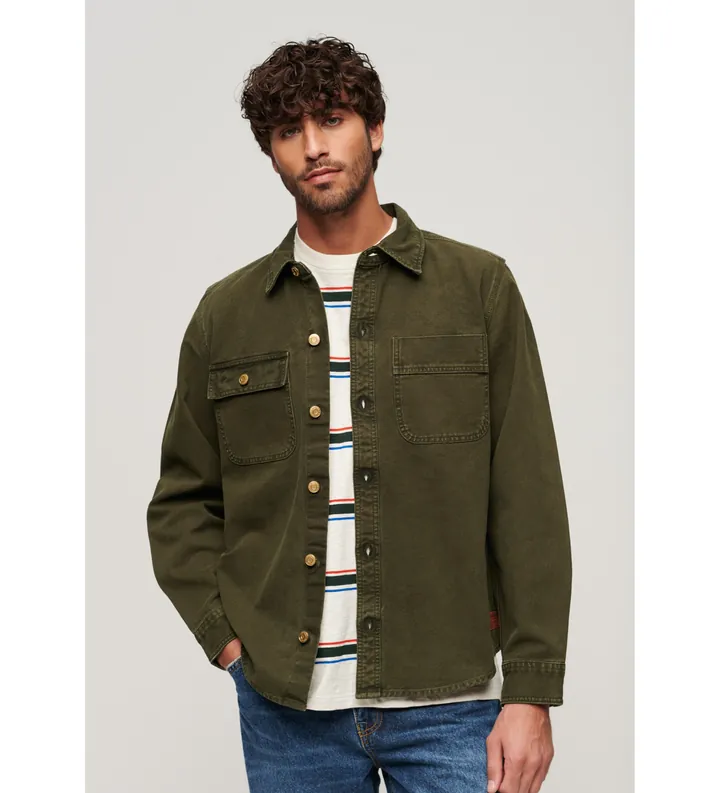 Superdry para hombre. M4010826A Sobrecamisa de lona Surplus verde (XL), Casual, Algodón, Manga larga