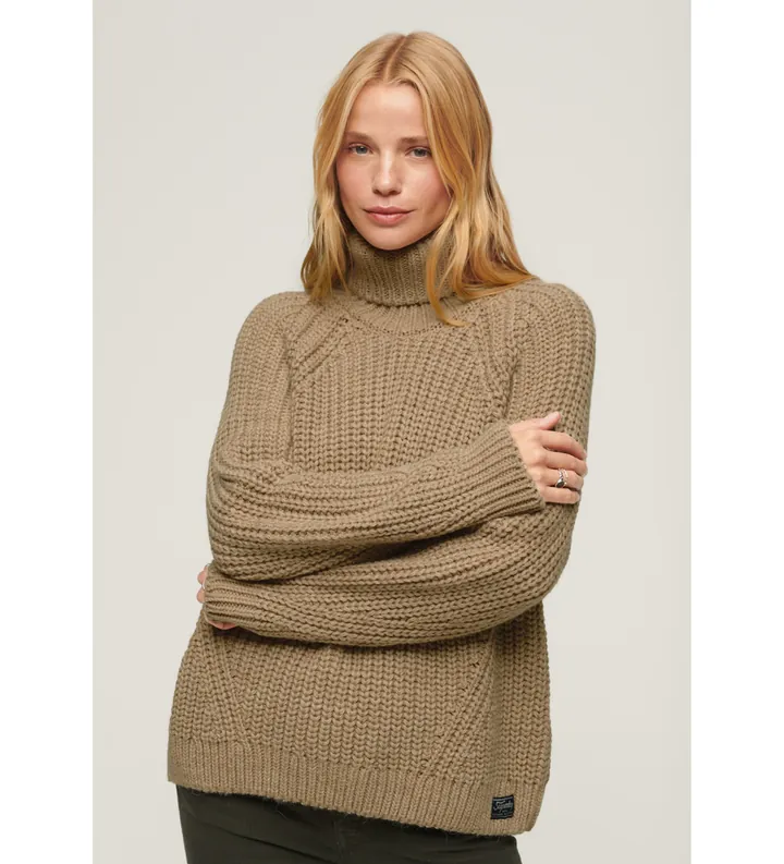 Superdry para mujer. W6110397A Jersey holgado de punto con cuello vuelto marrón (L), Casual, Acrílico, Manga larga