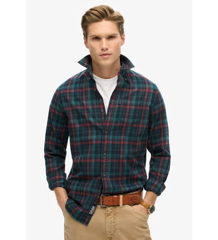Superdry para hombre. M4010737A Camisa de algodón orgánico a cuadros vintage marino (L), Casual, Manga larga, Sostenible