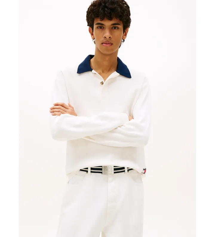 Tommy Jeans para hombre. DM0DM23055 Jersey de rugby con cuello a contraste blanco (L), Casual, Algodón, Manga larga