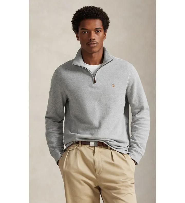 Polo Ralph Lauren para hombre. 710P07411003 Jersey Estate-Rib con cremallera corta (L), Casual, Gris, Algodón, Manga larga