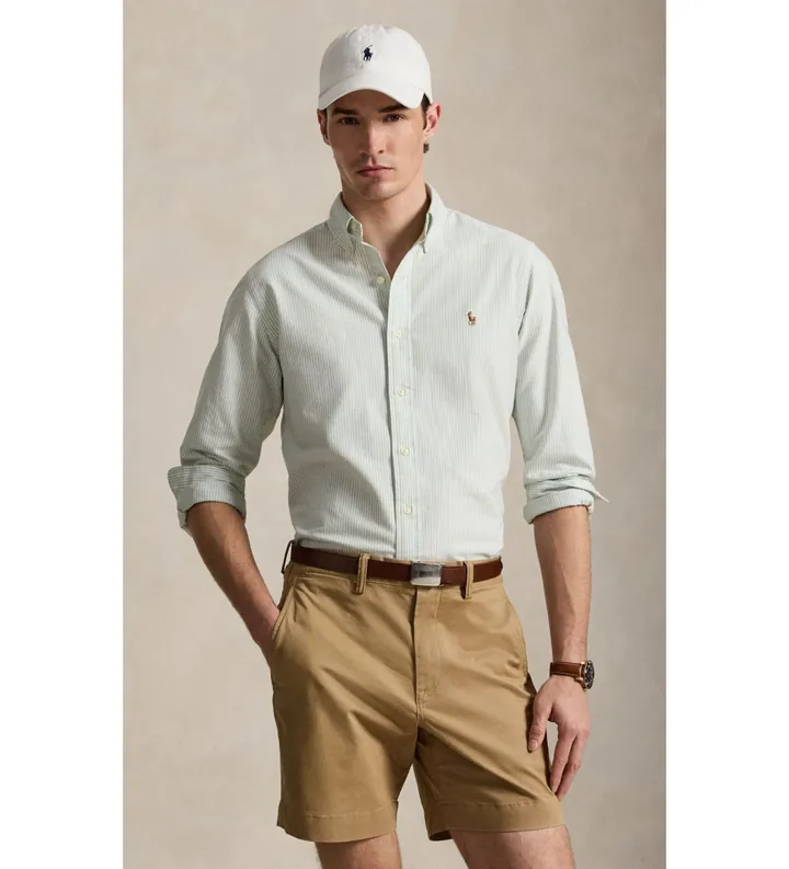 Polo Ralph Lauren para hombre. 710953704502 Camisa oxford con rayas Custom Fit verde (XL), Casual, Algodón, Manga larga