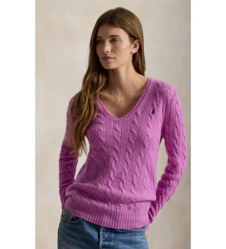 Polo Ralph Lauren para mujer. 211971866504 Jersey de cachemira y lana rosa (L), Casual, Manga larga