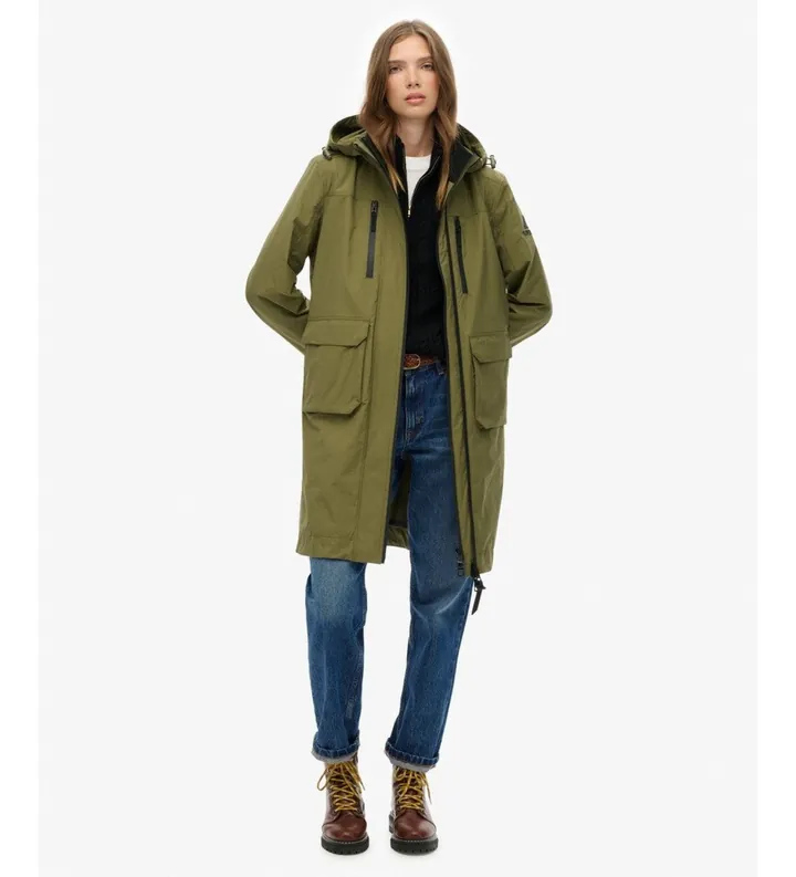Superdry para mujer. W5011989A Abrigo Hooded Longline Shell verde (L), Casual, Poliéster Reciclado