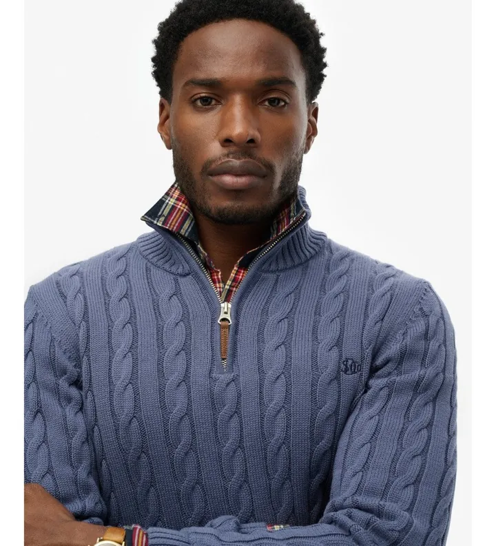 Superdry para hombre. M6110661B Jersey con media cremallera Cotton Classic Cable azul (L), Casual, Algodón, Marino