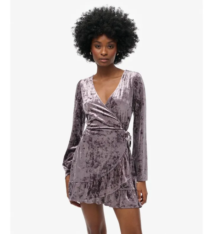 Superdry para mujer. W8011964A Vestido Velvet Wrap gris (L), Casual, Fiesta, Terciopelo, Manga larga