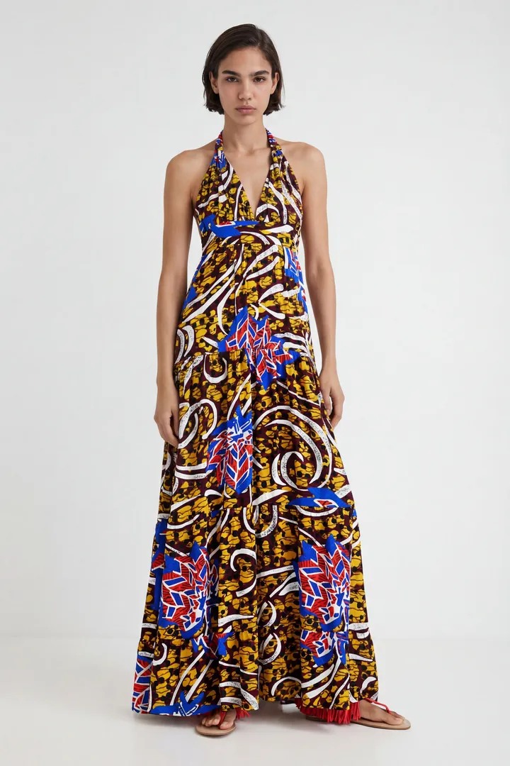 Desigual, Vestido largo halter Stella Jean, Viscosa, Amarillo, L