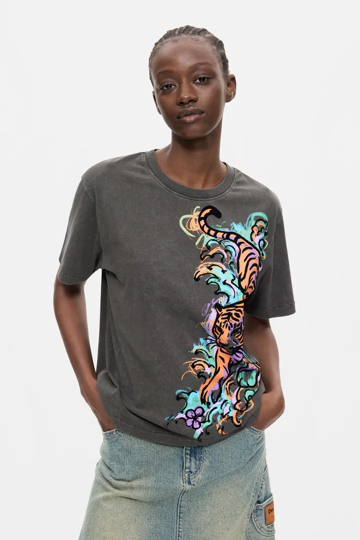 Desigual, Camiseta Tigre 100% Algodón, Mujer, Algodon, Negro, L