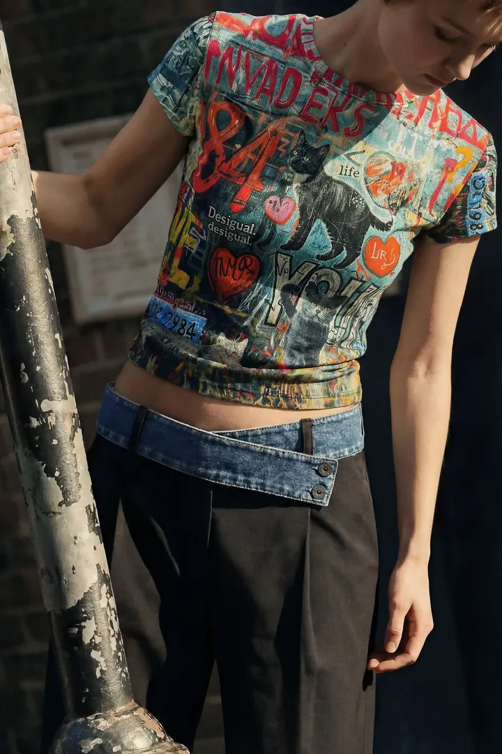 Desigual, Camiseta estampada gatos, Mujer, Algodon, Rojo, L