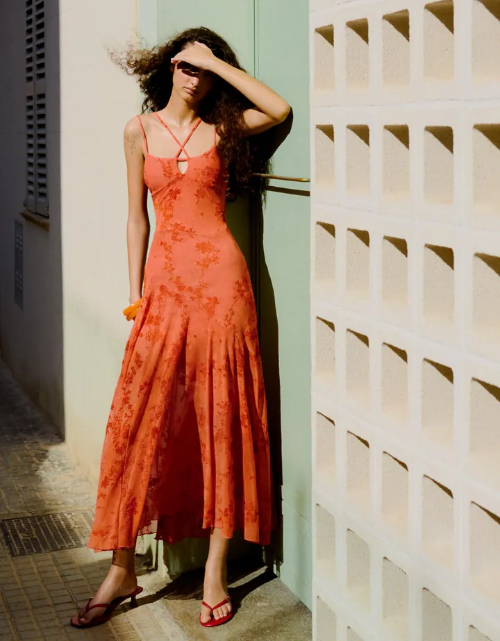 Bershka Vestido Midi Tirantes Tul Flocado Mujer L Naranja