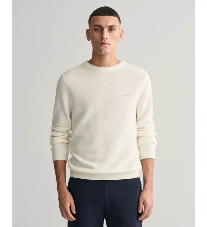 Gant para hombre. 8040521 Jersey de cuello redondo en piqué de algodón blanco roto (XL), Casual, Manga larga