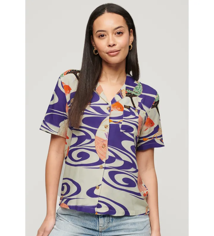 Superdry para mujer. W4010371A Camisa con logotipo Vintage Logo Beach Resort azul (S), Casual, Viscosa, Manga corta