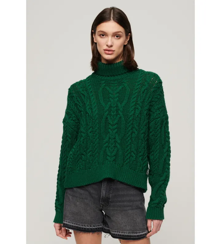 Superdry para mujer. W6110450A Jersey en punto trenzado con cuello de polo verde (L), Casual, Acrílico, Manga larga