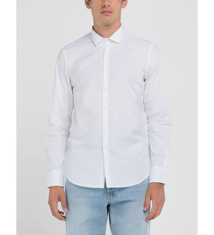 Replay para hombre. M4140.000.80279A Camisa Stretch Popeline blanco (L), Casual, Algodón, Clásico, Manga larga