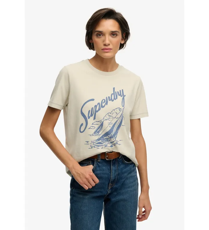 Superdry para mujer. W1011872A Camiseta Heritage Hamptons beige (L), Casual, Algodón, Manga corta