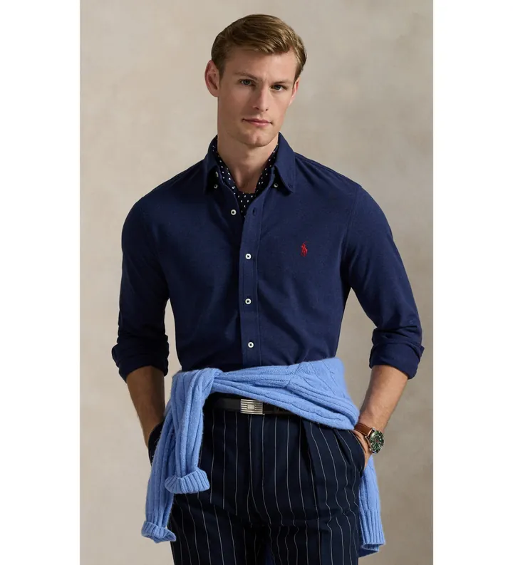 Polo Ralph Lauren para hombre. 710654408081 Camisa de piqué ultraligera marino (L), Casual, Algodón, Manga larga