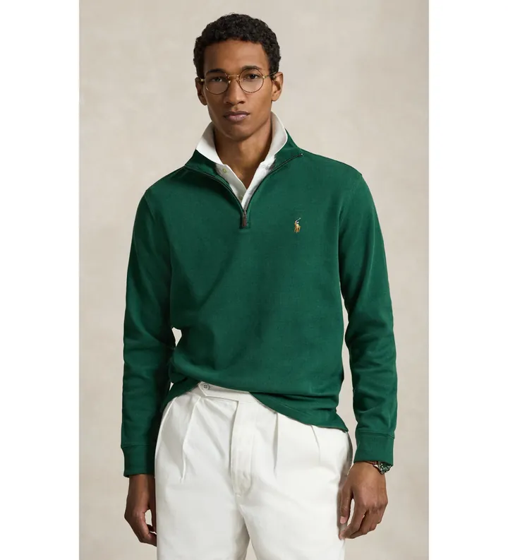 Polo Ralph Lauren para hombre. 710P07411501 Jersey Estate-Rib con cremallera corta verde (L), Casual, Algodón, Manga larga