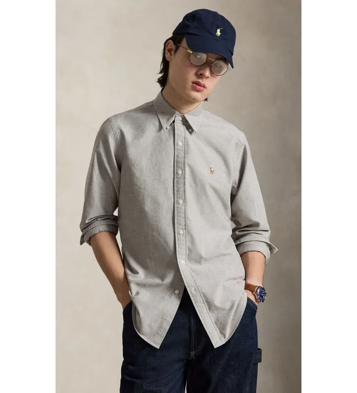 Polo Ralph Lauren para hombre. 710805562503 La icónica camisa oxford taupe (L), Casual, Algodón, Manga larga