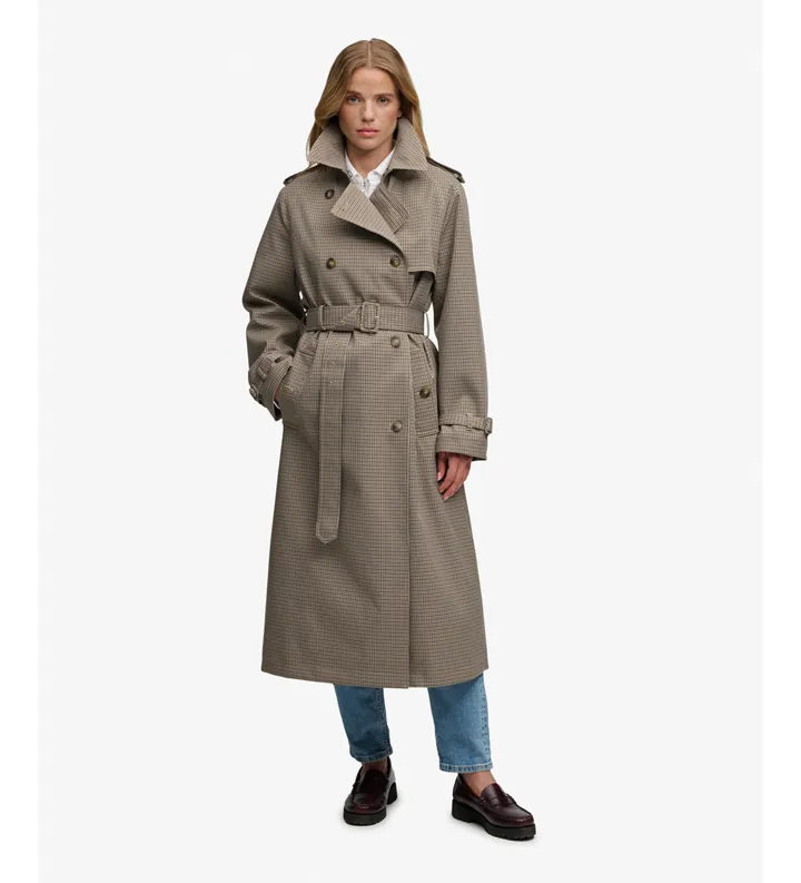 Superdry para mujer. W5012221A Gabardina de Micro Cuadros pata de gallo marrón (L), Casual, Tela