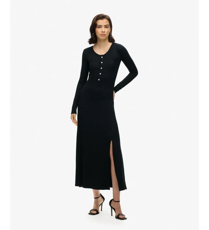 Superdry para mujer. W8011760A Vestido Henley negro (M), Casual, Modal, Manga larga