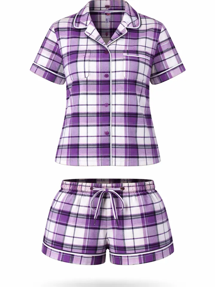 LEAFLETIC Pijama de pantalón corto 'Leafletic Women’s Check Night Wear Short Set for Women' lila moteado