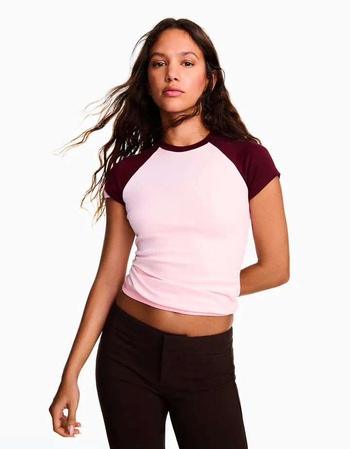 Bershka Camiseta Fitted Ranglan Mujer L Rosa