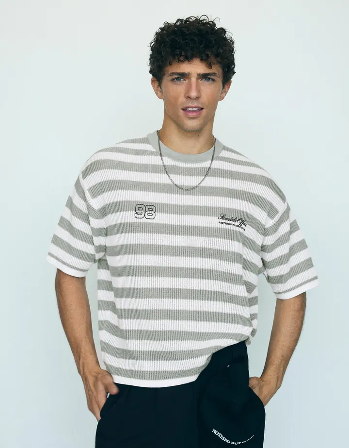 Bershka Camiseta Manga Corta Textura Rayas Hombre L Verde
