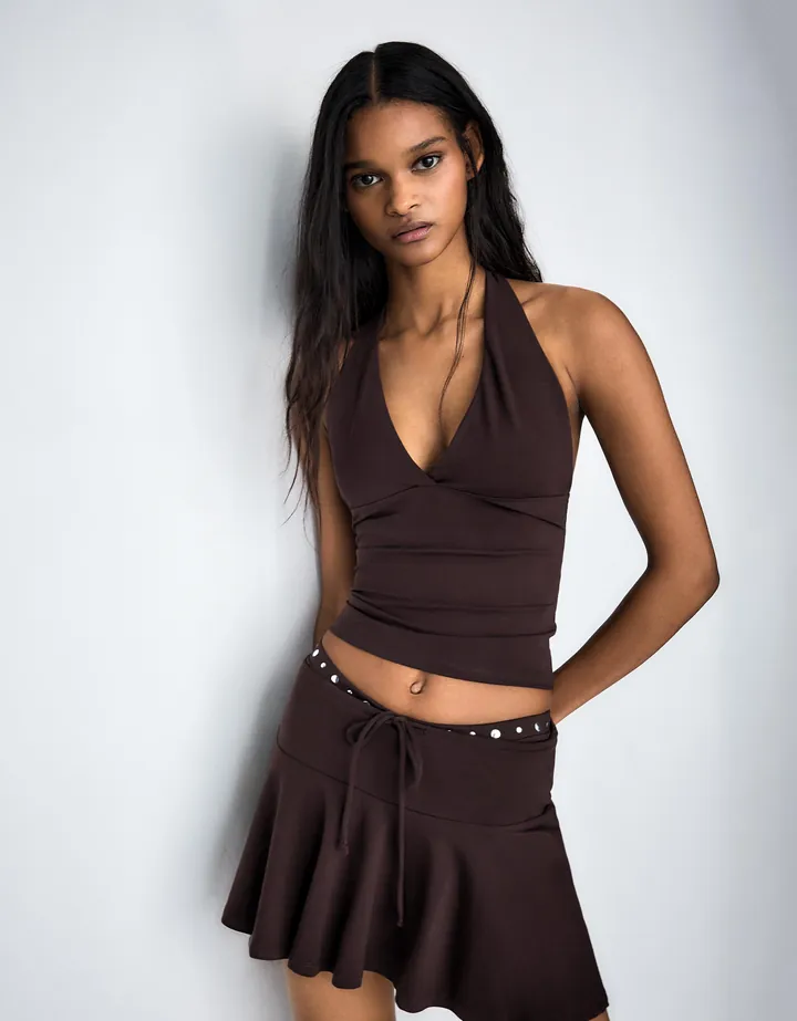 Bershka Top Halter Mujer L Marrón