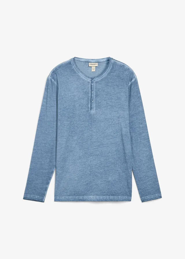Camiseta henley de algodón orgánico puro con manga larga y aspecto lavado