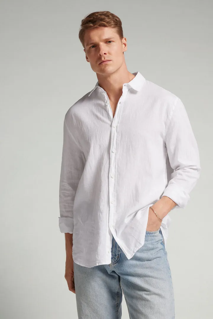 Intimissimi Camisa de manga larga con lino para hombre Hombre Azul Claro Tamaño L