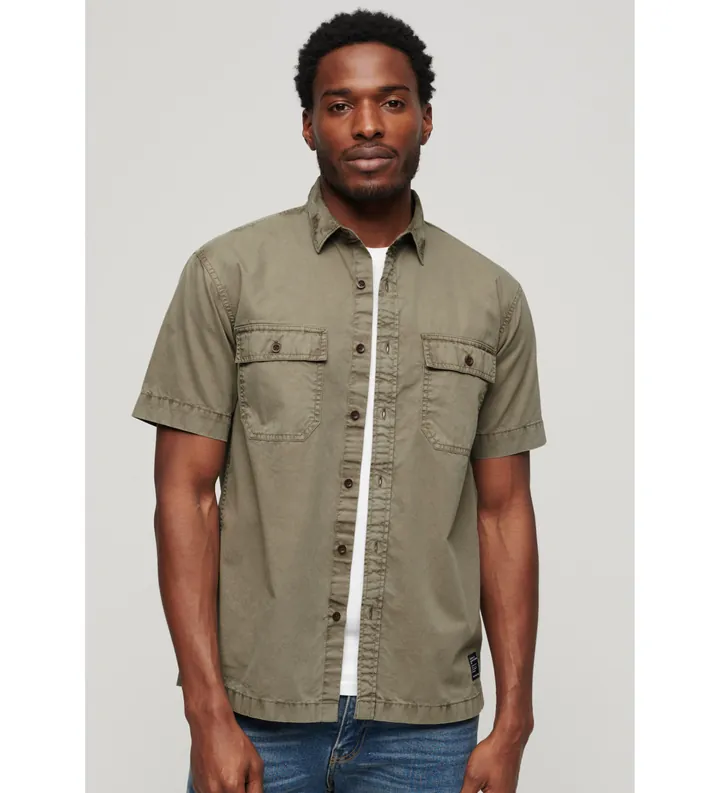 Superdry para hombre. M4010791A Camisa militar de manga corta verde (L), Casual, Algodón
