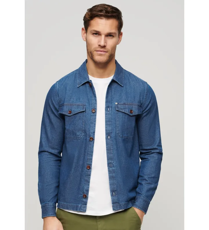 Superdry para hombre. M4010831A Sobrecamisa índigo Merchant azul (L), Casual, Algodón, Manga larga
