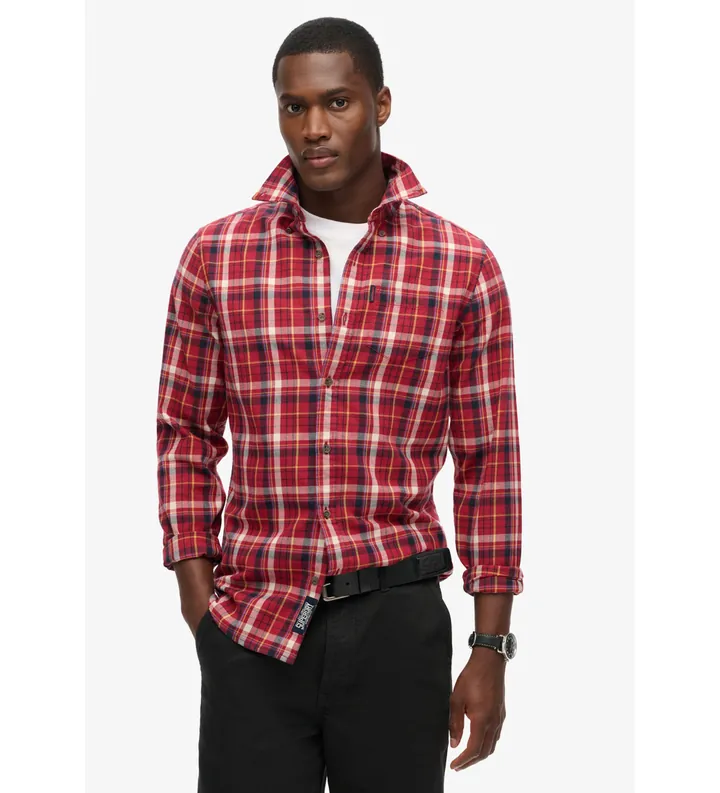 Superdry para hombre. M4010737A Camisa de algodón orgánico a cuadros vintage rojo (L), Casual, Manga larga, Sostenible