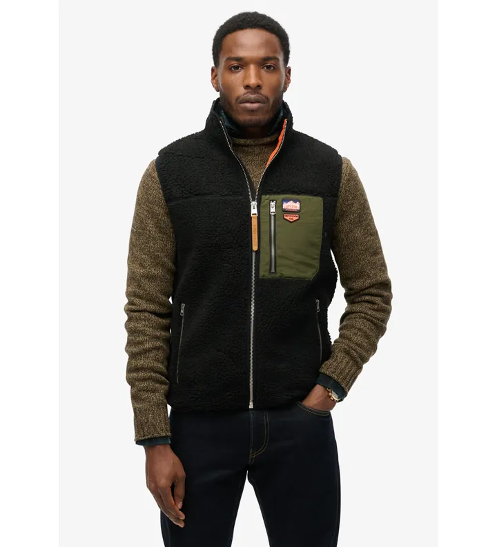 Superdry para hombre. M5012160A Chaleco en tejido polar Vintage Retro negro (L), Casual, Poliéster Reciclado, Sostenible