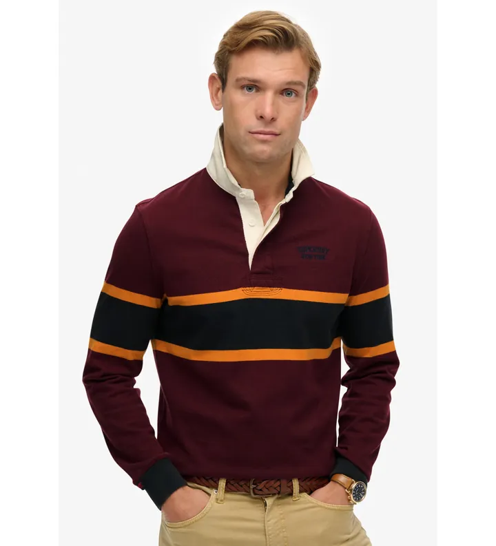Superdry para hombre. M6010909A PoloVintage Athletic Stripe Rugby granate (L), Casual, Algodón, Manga larga