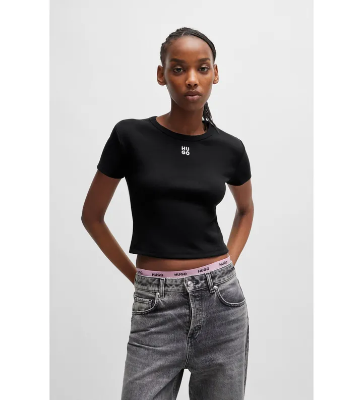HUGO para mujer. 50512000 Camiseta Delanor negro (L), Casual, Algodón, Manga corta