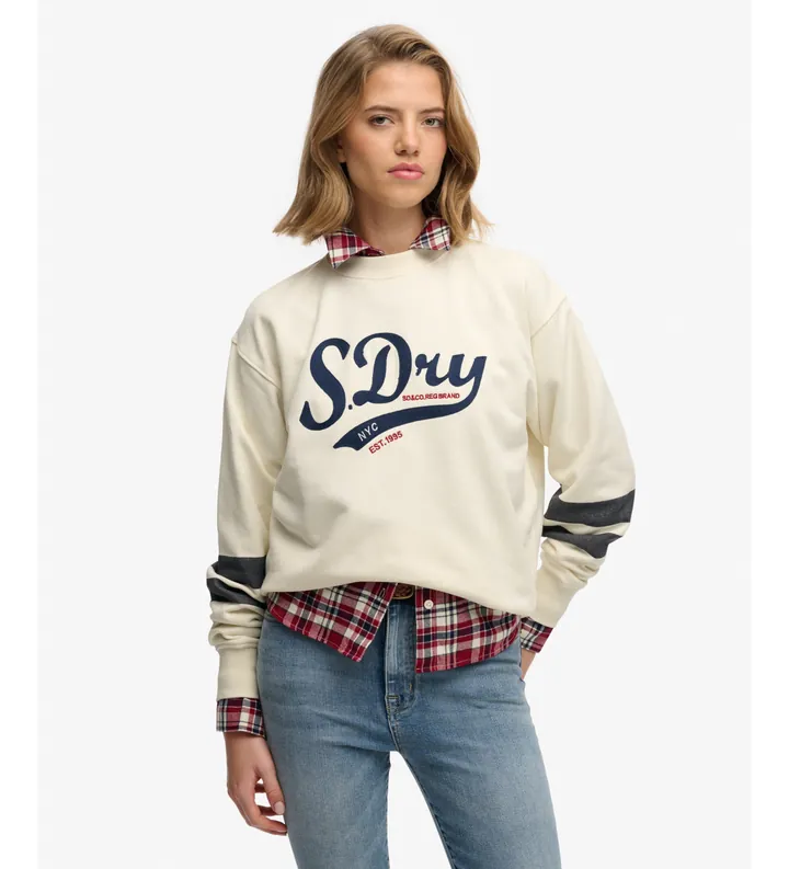 Superdry para mujer. W2012596A Sudadera Varsity Script Loose beige (M), Casual, Algodón