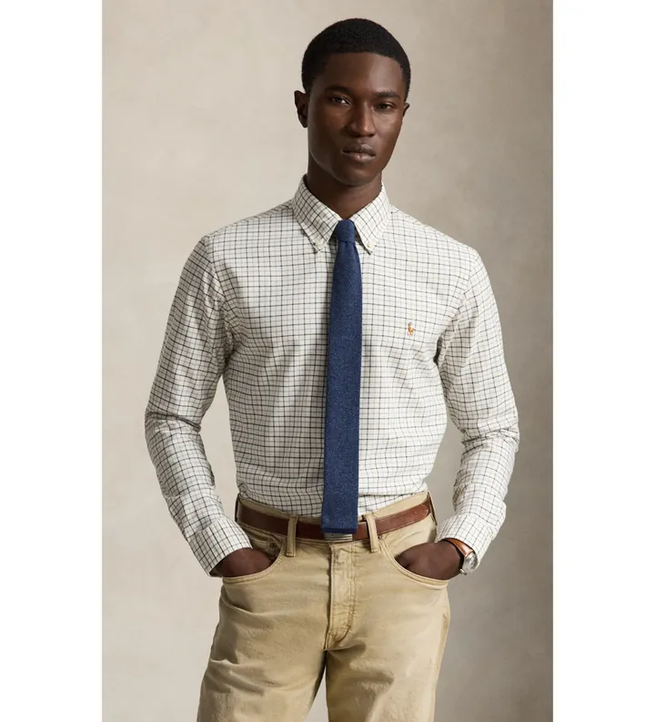 Polo Ralph Lauren para hombre. 710922273500 Camisa oxford con cuadros Custom Fit blanco roto (L), Casual, Algodón, Manga larga