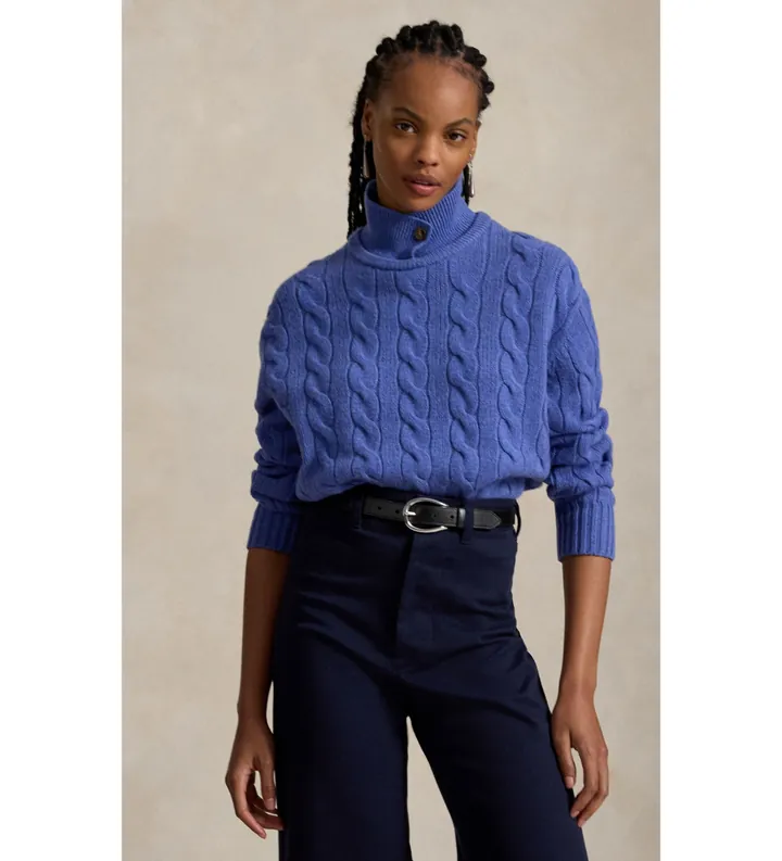 Polo Ralph Lauren para mujer. 211972129501 Jersey tipo polo de lana y cachemira azul (L), Casual, Manga larga