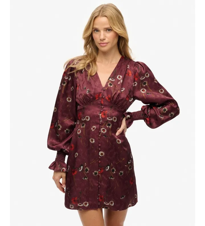 Superdry para mujer. W8012005A Vestido Jacquard granate (L), Casual, Viscosa, Manga larga
