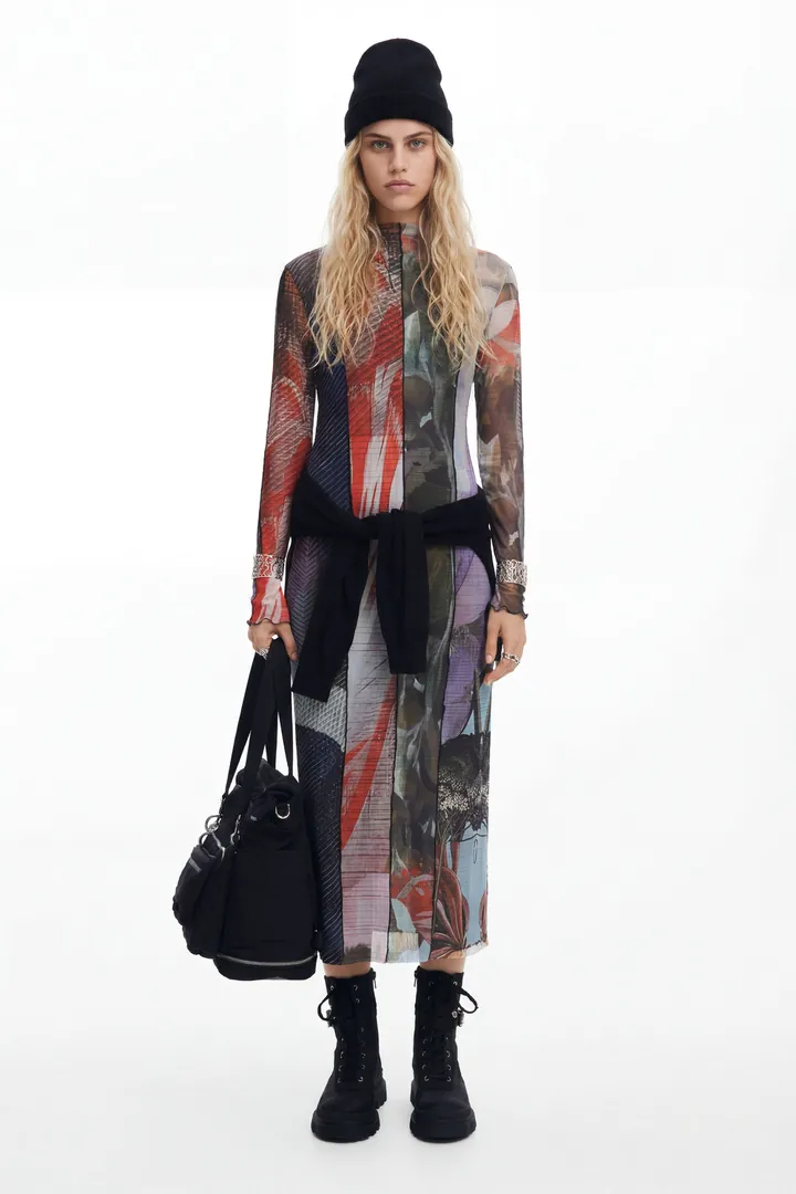 Desigual, Vestido midi tul estampado, Poliester, L