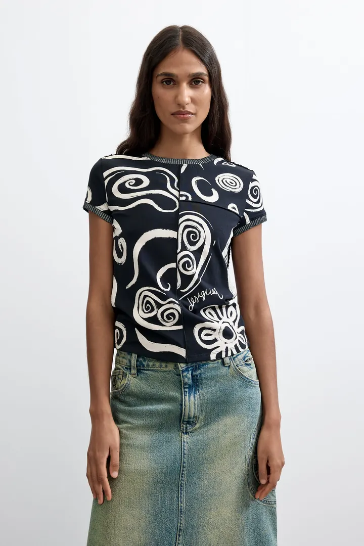 Desigual, Camiseta Estampada 100% Algodón, Mujer, Negro, L