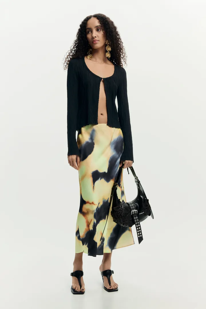 Desigual, Falda estampada midi, Mujer, Poliester, Negro, L