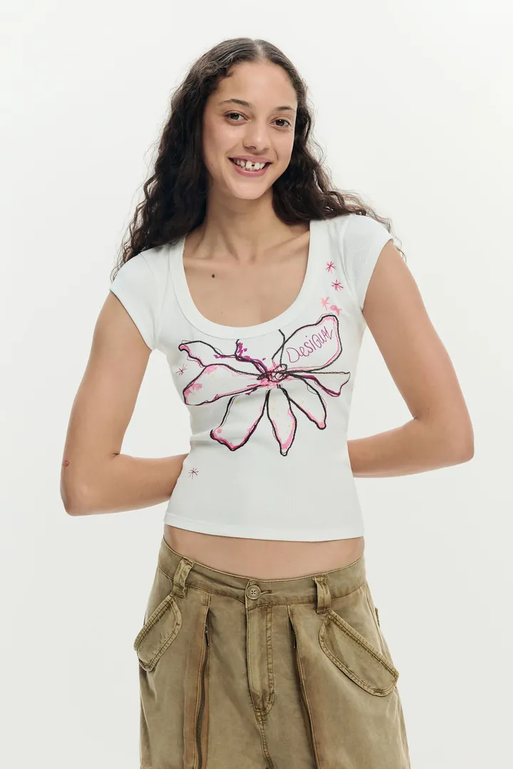 Desigual, Camiseta ajustada flor, Mujer, Algodon, Blanco, L