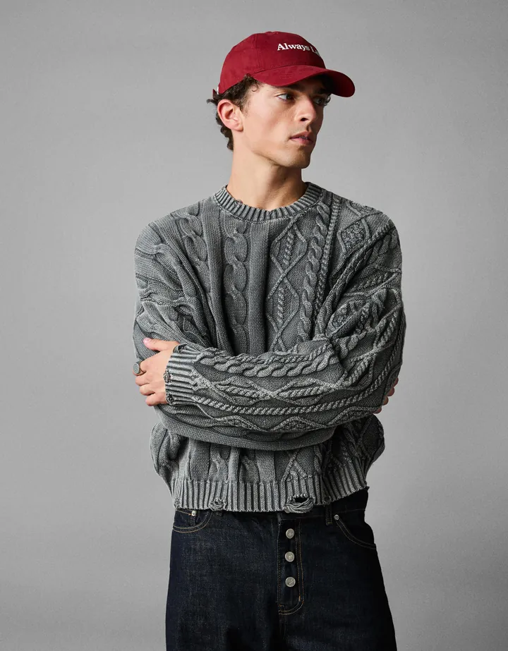 Bershka Jersey Trenzado Efecto Lavado Hombre L Gris Oscuro