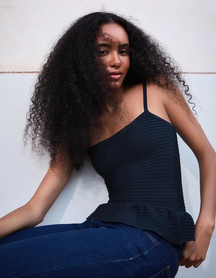 Bershka Top Punto Peplum Mujer L Marino