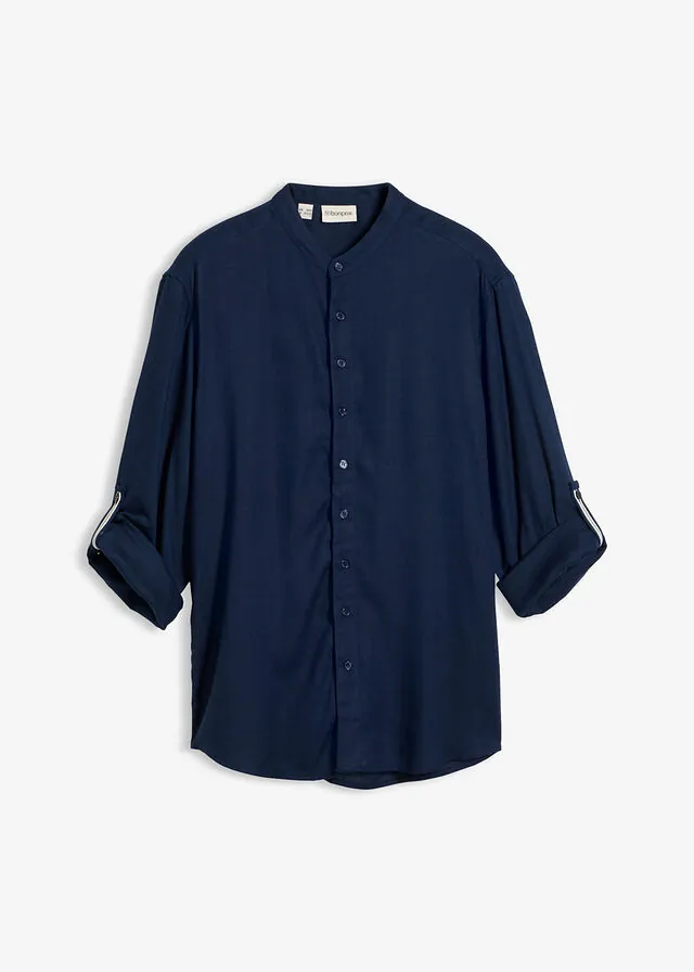 Camisa de manga larga de mezcla de lino transpirable con mangas remangadas
