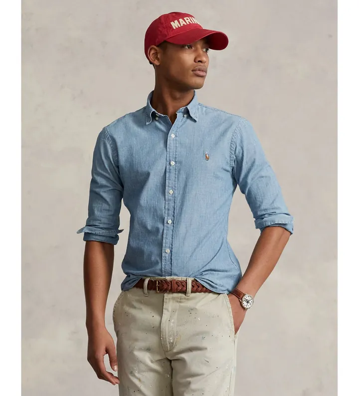 Polo Ralph Lauren para hombre. 710548538001 Camisa de cambray Slim Fit azul (L), Casual, Algodón, Denim, Manga larga