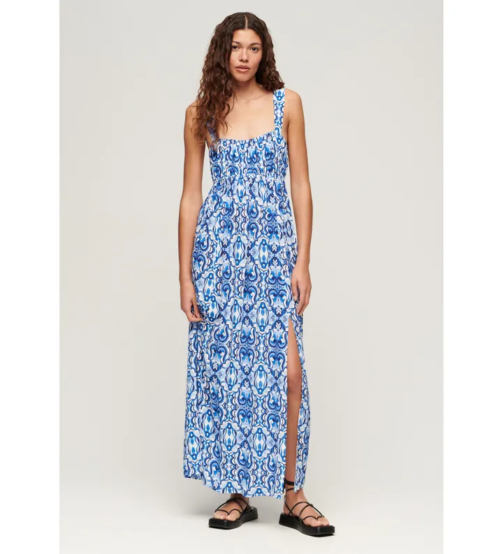 Superdry para mujer. W8011623A Vestido con tiras de anudar en la espalda azul (L), Casual, Viscosa, Sin mangas / Tirantes